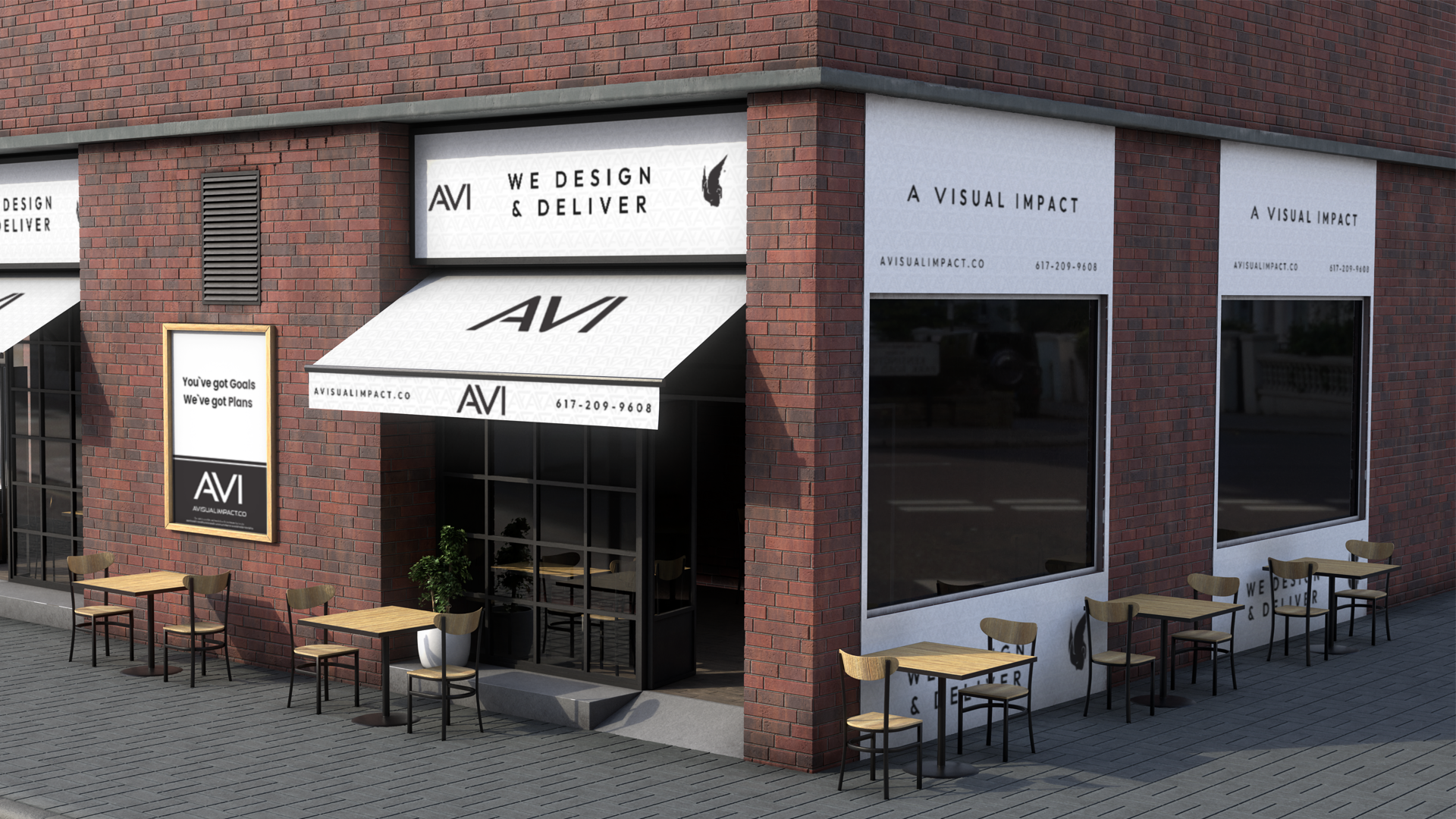 AVI storefront branding concept with coordinated signs and awnings